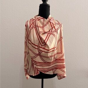 Red & Cream Cowl Neck Blouse Lace Back Button Cuffs Romantic Chic